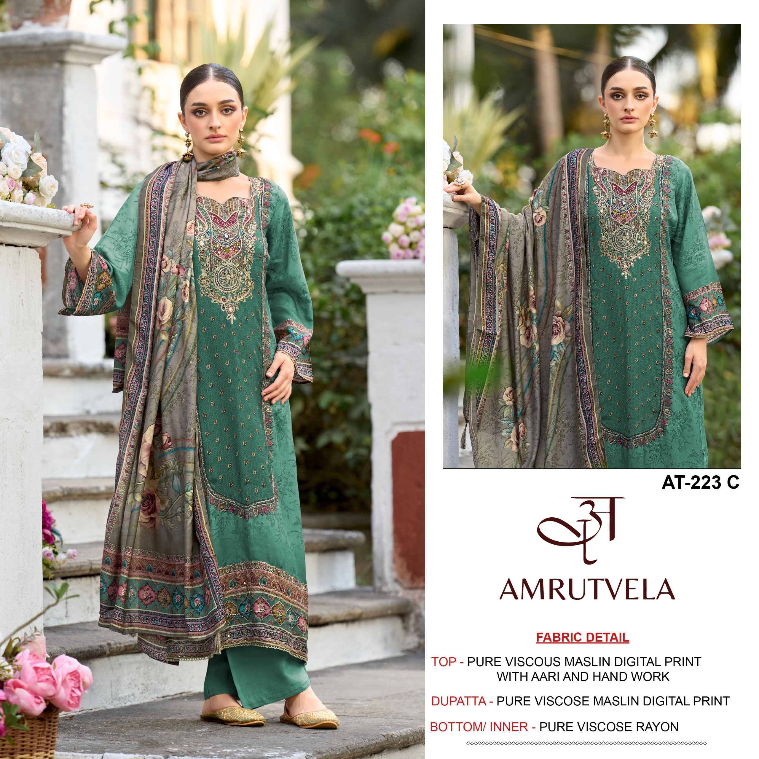 AT223 By AMRUTVELA Pakistani Stylish Beautiful Colourful Printed & Embroidered Party Wear & Occasional Wear Pure viscous Dresses At Wholesale Price